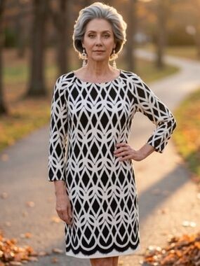 Anthropologie JUST TAYLOR Dress Career Scalloped Print Black Ivory Shift Sz 4